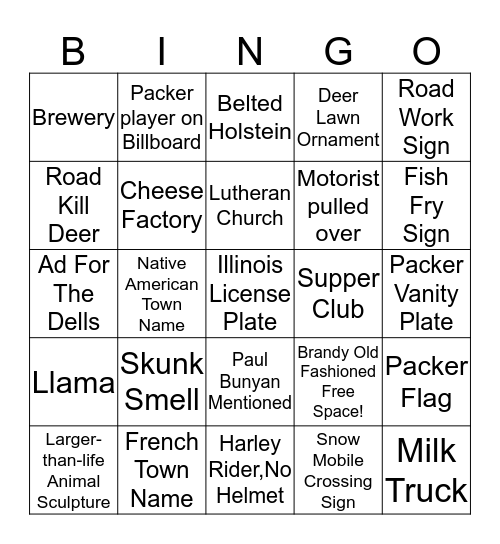 Wisconsin Road Trip Bingo Card